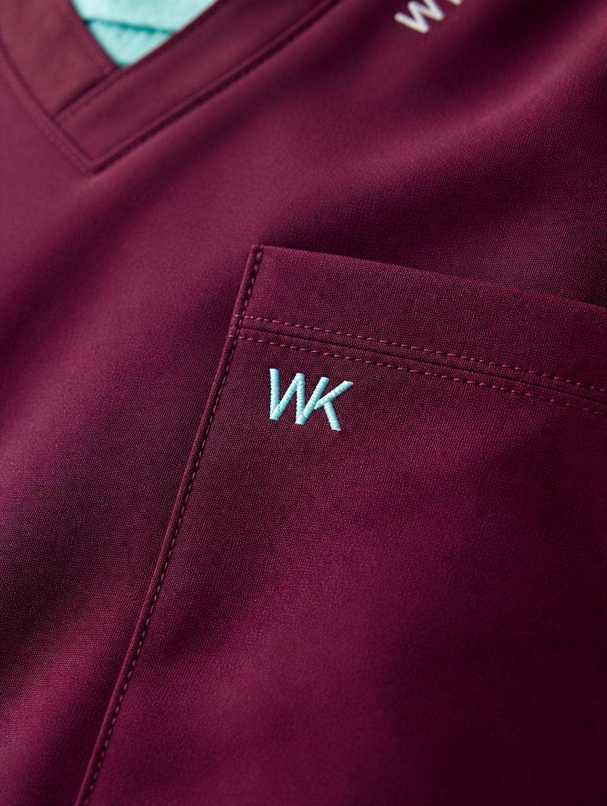 Macro del monograma WK en mint sobre el bolsillo de un uniforme vinotinto